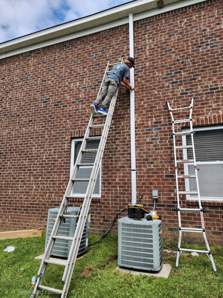 Person on a tall ladder working on piping above two HVAC units attached to a brick building.